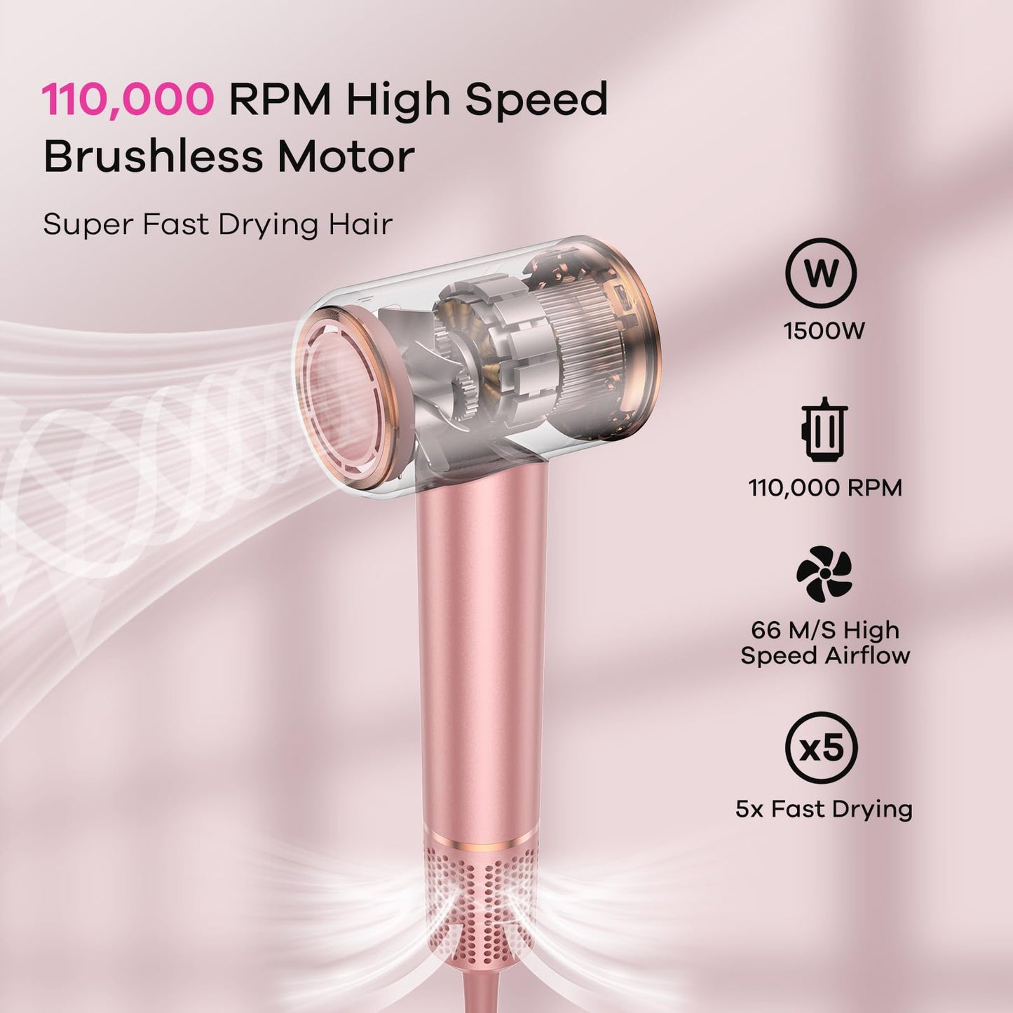 High-Speed Ionic Hair Dryer:3Min Fast Dry with Brushless Motor - Quiet, Mini Portable Hair Dryer Hair Care with Diffuser for Curly Hair Salon Home Travel for Women/Men/Baby/Pet