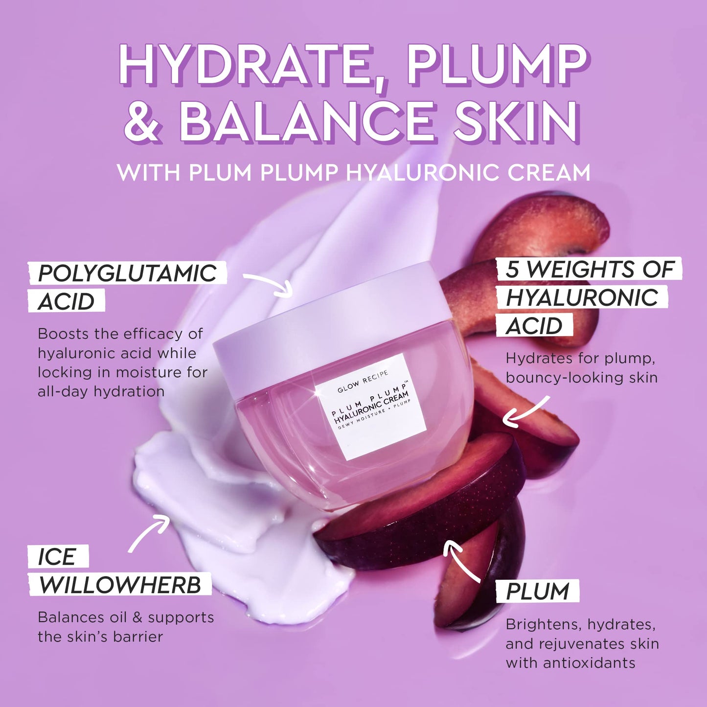 Glow Recipe Blueberry Bounce Gentle Face Cleanser & Makeup Remover with Exfoliating AHA (160ml) + Plum Plump Hyaluronic Acid Moisturizer Face Cream Travel Size (20ml)