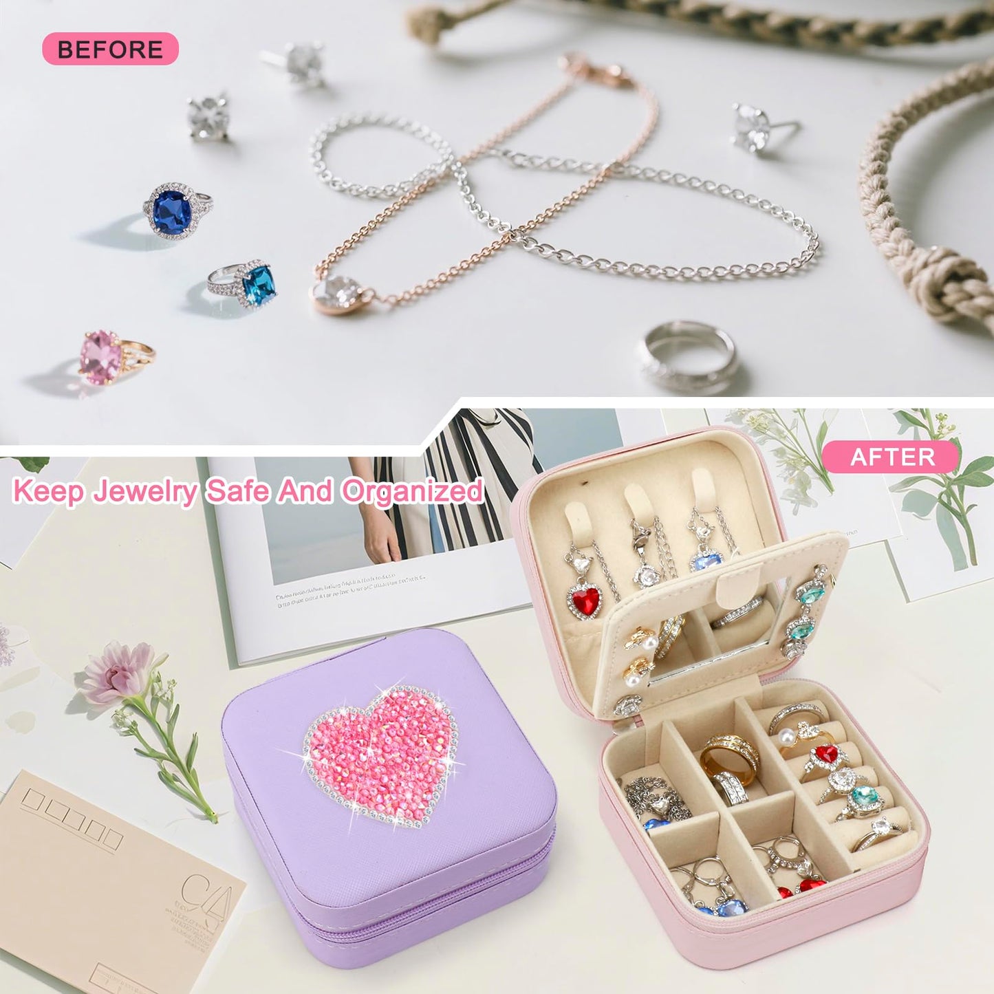 Bling Heart Rhinestone Jewelry Box Gifts for Teen Girls Kids Women,Trendy Sparkly Jewelry Case,Glitter Cute Travel Jewelry Box Organizer,Personalized Holiday Christmas Gifts,Small Size (Pink-Heart)