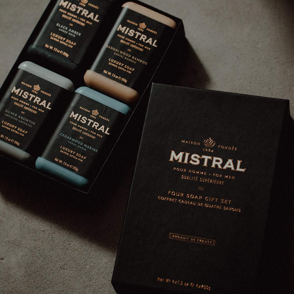 Mistral Men’s Luxury Bar Soap for Men | Gift Set (4 x 8.8 oz) – Grey Lavande, Cedarwood Marine, Teak Wood, Black Amber | Moisturizing, Triple-Milled Natural Soap for Men - Made in France