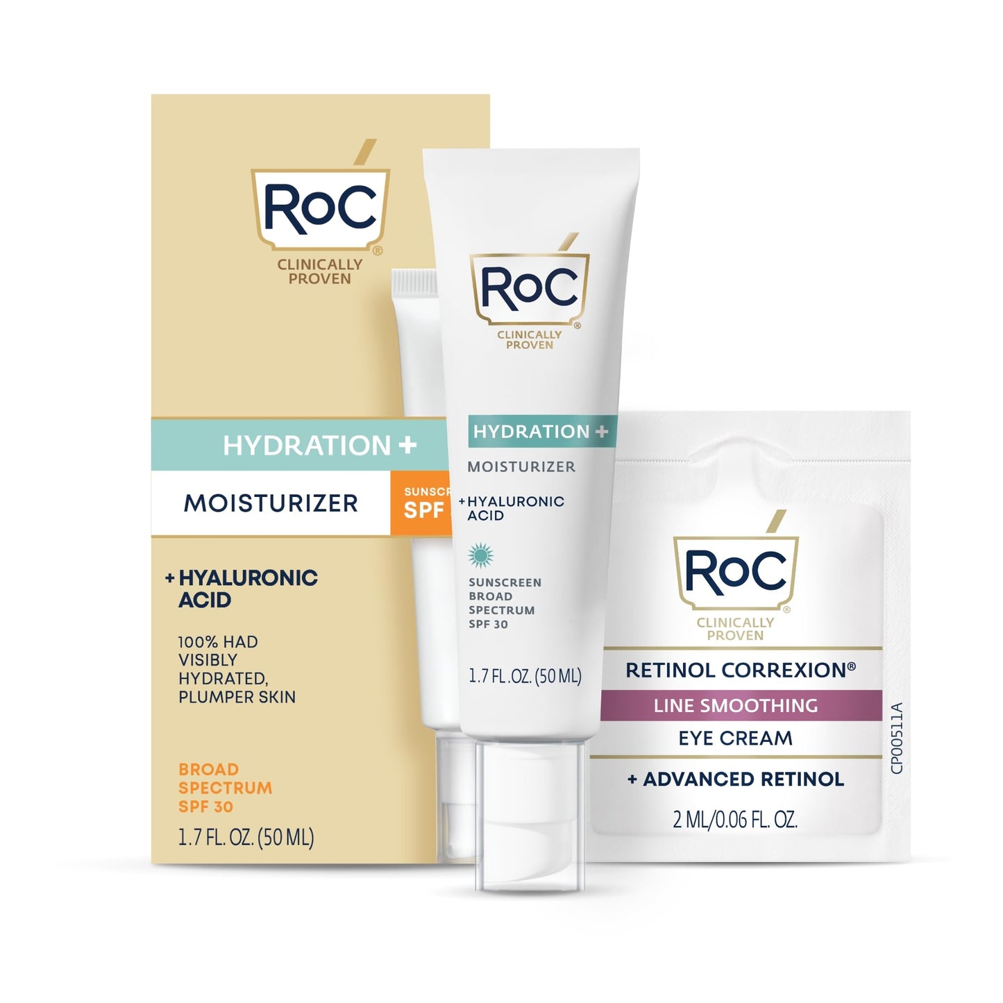 RoC Multi Correxion 1.5% Pure Hyaluronic Acid Anti Aging Daily Face Moisturizer with Sunscreen, SPF 30 Broad Spectrum Moisturizer + Retinol Eye Cream Packette