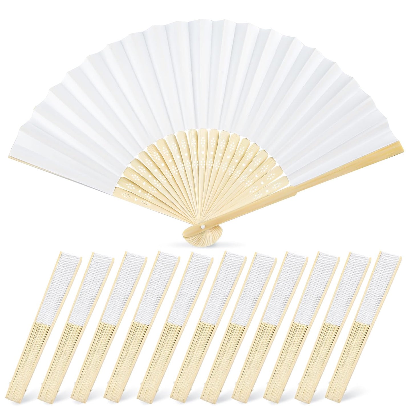JOHOUSE 12 Pcs White Paper Fans Handheld – 8.3 Inch Foldable Hand Fan, Folding Fans Handheld for Women, Paper Fan for Wedding Guests, Bridal & Baby Shower Favors, Party Decorations