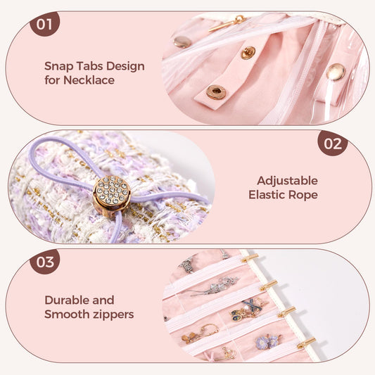 Travel Jewelry Organizer Roll with Zippered Pockets | Tangle-Free Portable Jewelry Storage Case for Women | Holder for Necklaces, Earrings, Rings, Bracelets