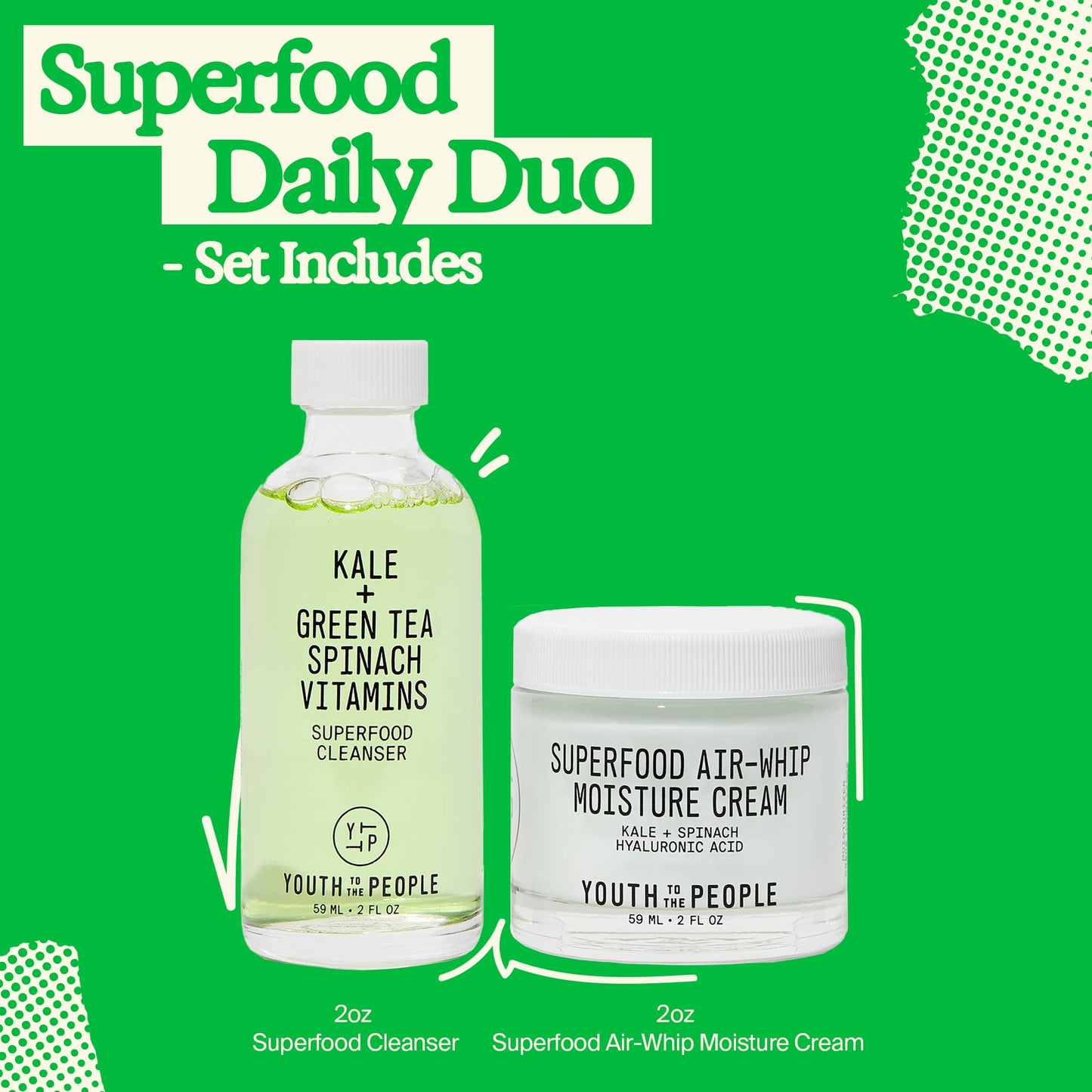 Youth To The People Superfood Daily Duo Kit - Travel Size Superfood Cleanser (2oz) + Air-Whip Moisture Cream (2oz) - Dewy Hydration - Vegan Face Wash + Face Cream Moisturizer Skincare Gift Set