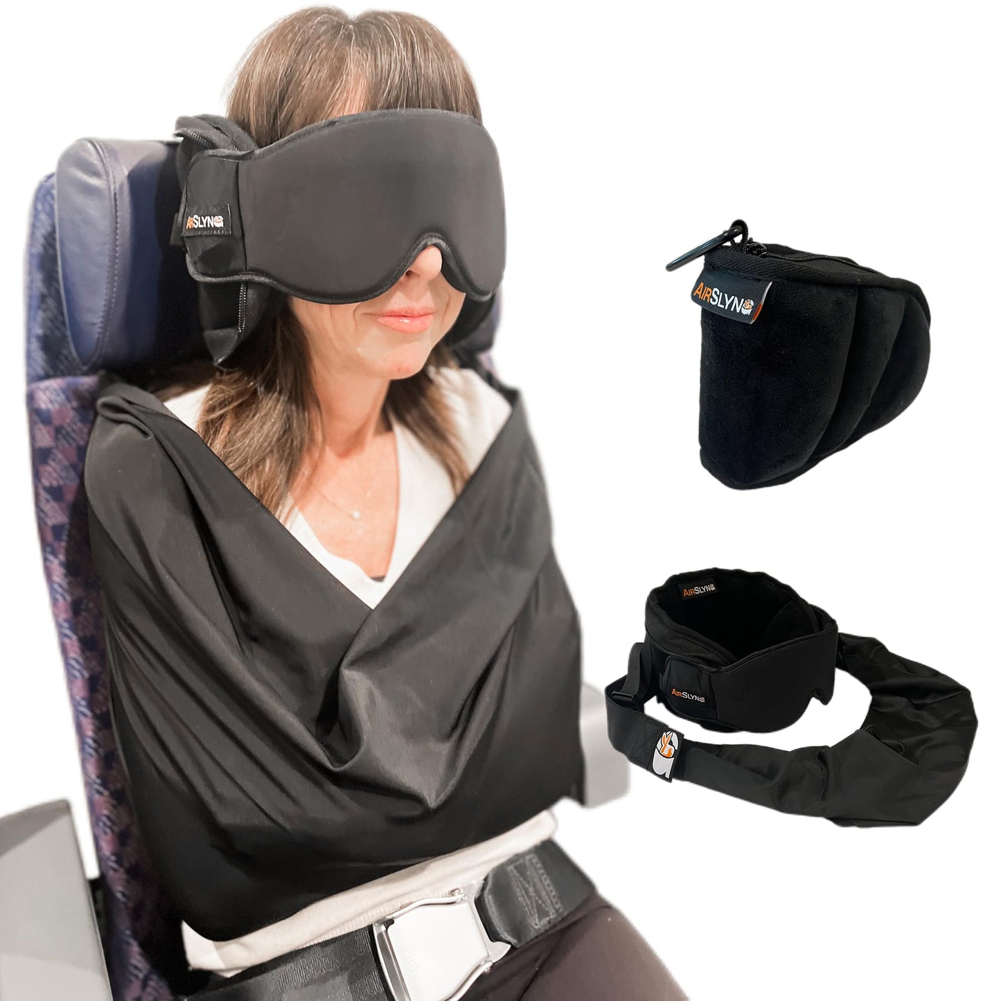 3-in-1 Airplane Sleep Support System - Integrated Plane Sleeping Accessories with Memory Foam Long Haul Flight Pillow, Adjustable Travel Eye Mask, and Blanket-Like Body Sling - Fits in Carry On