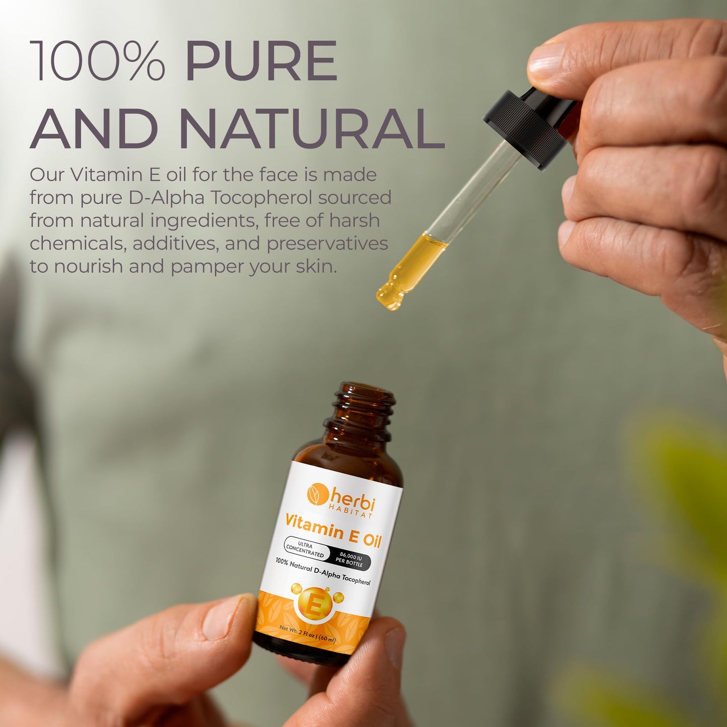 Herbi Habitat Vitamin E Oil 86,000 IU - Natural D-Alpha Tocopherol for Skin, Hair, Nails, Scars & Stretch Marks - Non-GMO & Vegan, 2 Fl oz