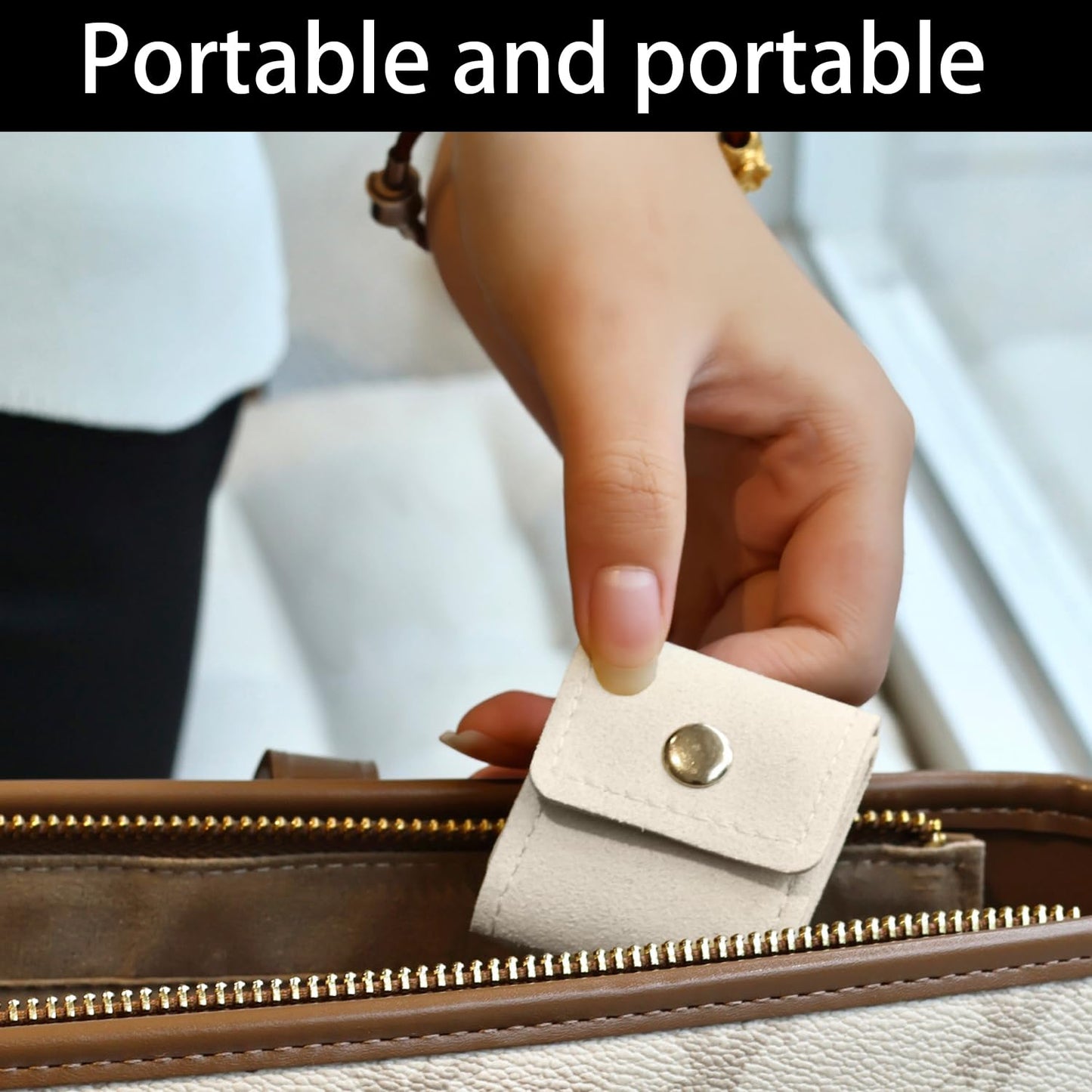 Mini Travel Jewelry Bag Mini Travel Jewelry Roll Bag with Buckle Portable Jewelry Pouch Travel Jewellery Organizer Case Small Foldable Jewellery Box for Earrings, Rings, Necklaces (3pcs) (Beige)