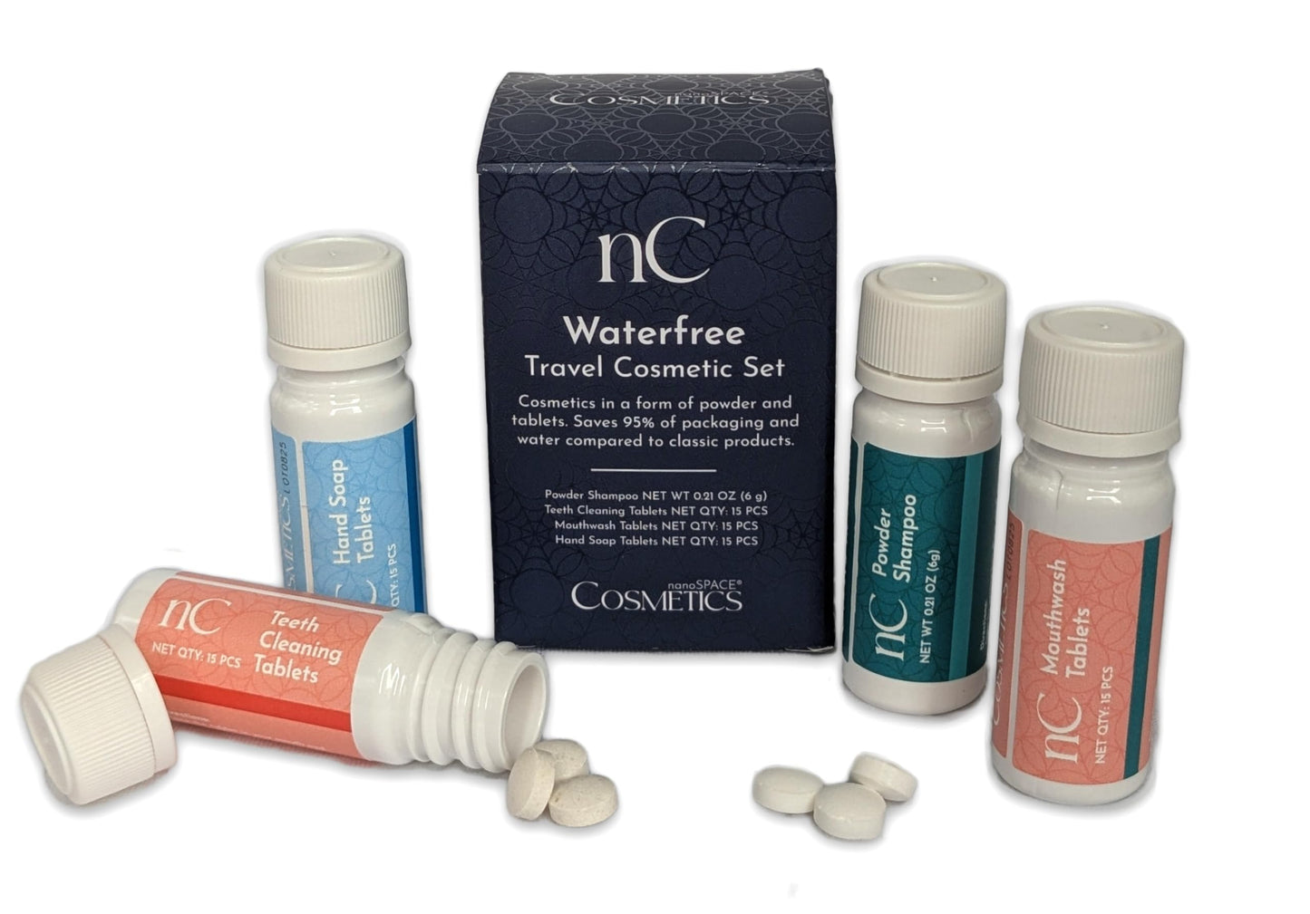 NanoSPACE Waterless Travel Toiletry Set, TSA Compliant, Includes Powder Shampoo, Toothpaste Tablets, Mouthwash Tablets, Soap Tablets