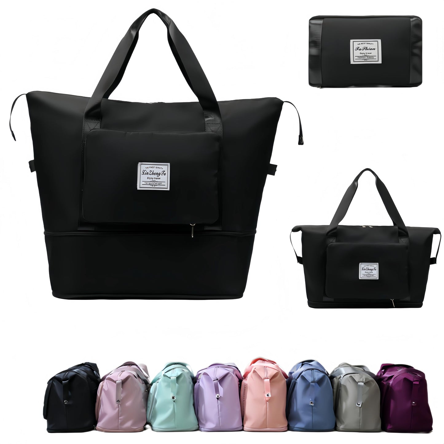 RichMoro Large Capacity Foldable Travel Bag, Expandable lightweight Carry on Bag, Dry with Wet Separation Spor Duffel Bags (Black)