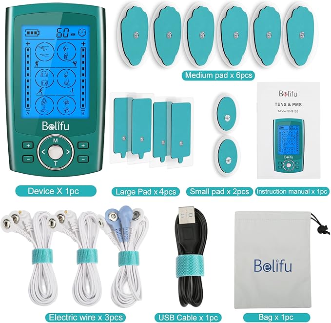 Belifu Dual Channel TENS EMS Unit with 12 Pads, 24 Modes Muscle Stimulator, Electronic Pulse Massager Muscle Massager for Pain Relief Therapy, Fastening Cable Ties, Dust-Proof Drawstring Storage Bag