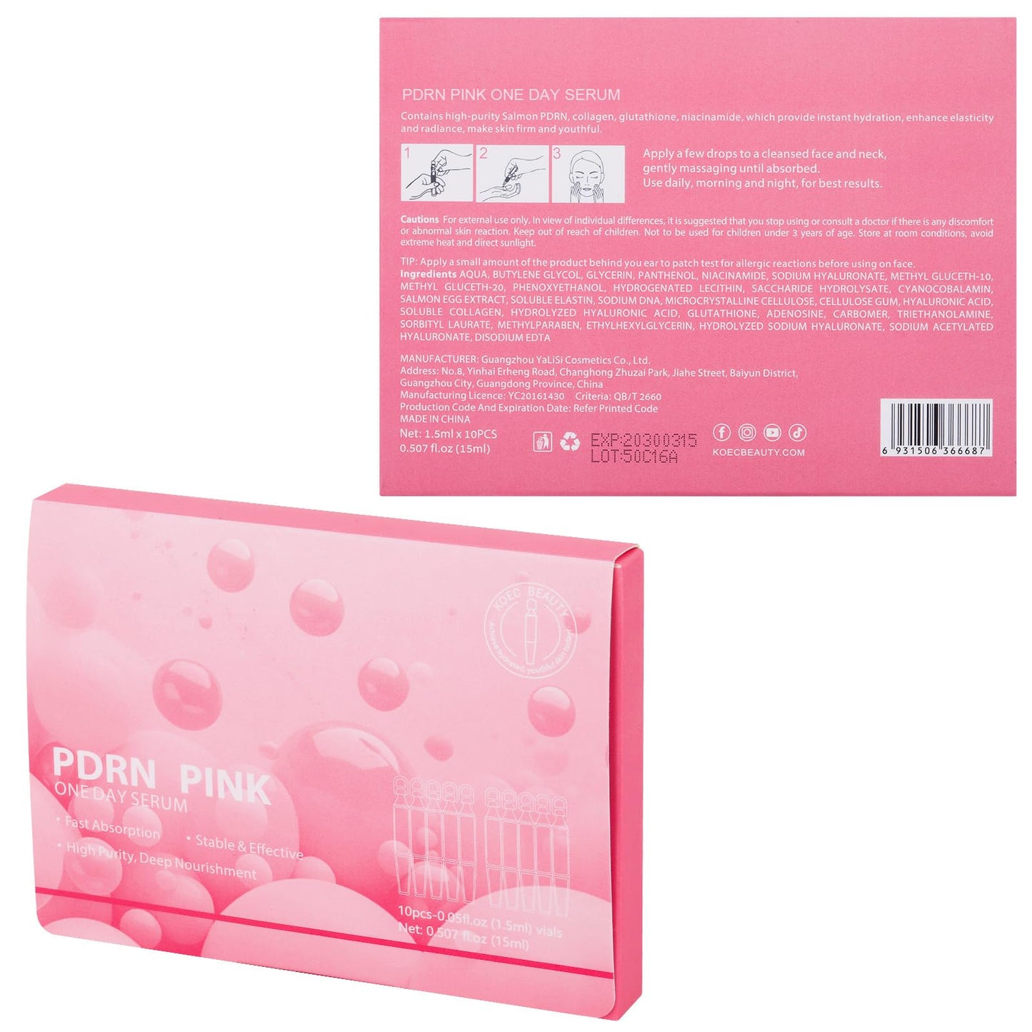 Pink One Day Serum, High-Purity Salmon PDRN, Ultra Hydrating Serum, Non-greasy Formula for Face Brightening, Hydrating, Evens Tone, Smooths Fine Lines (0.05 fl.oz x 10e)