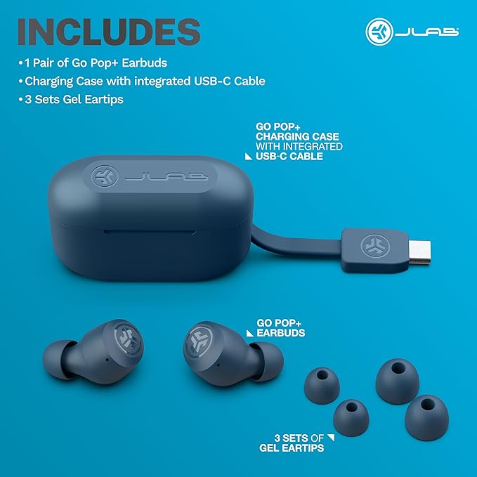 JLab Go Air Pop+ True Wireless Earbuds, in Ear Headphones, Bluetooth Earphones, 35H Playtime Ear Buds, Bluetooth Earbuds with Microphone, USB-C Charging Case, Dual Connect, EQ3 Sound, Navy Blue