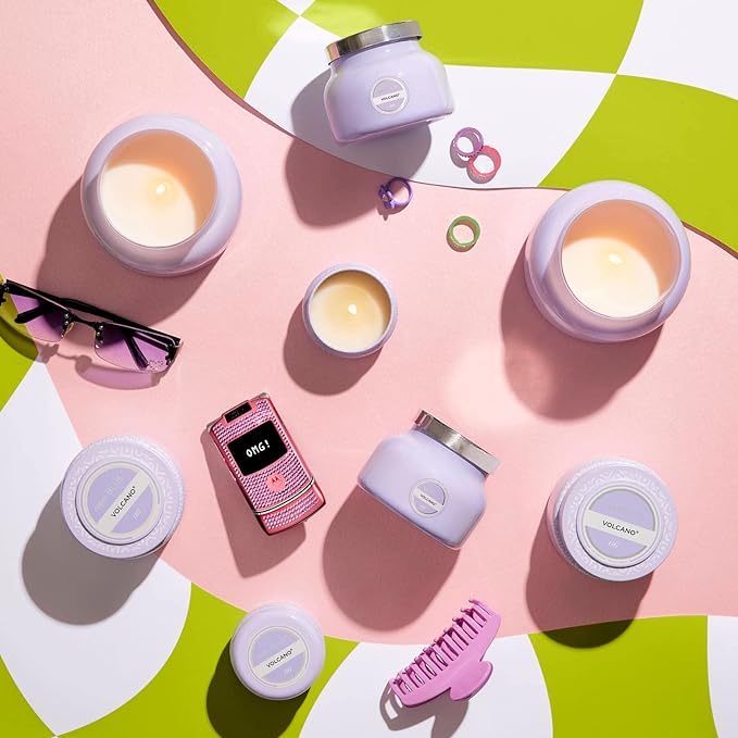 Capri Blue Volcano Scented Mini Tin Jar Candle - Printed Mini Tin Candles for Home Scented with Tropical Fruit & Sugared Citrus - Long Lasting Soy Wax Blend - Lavender Colored (3 oz)