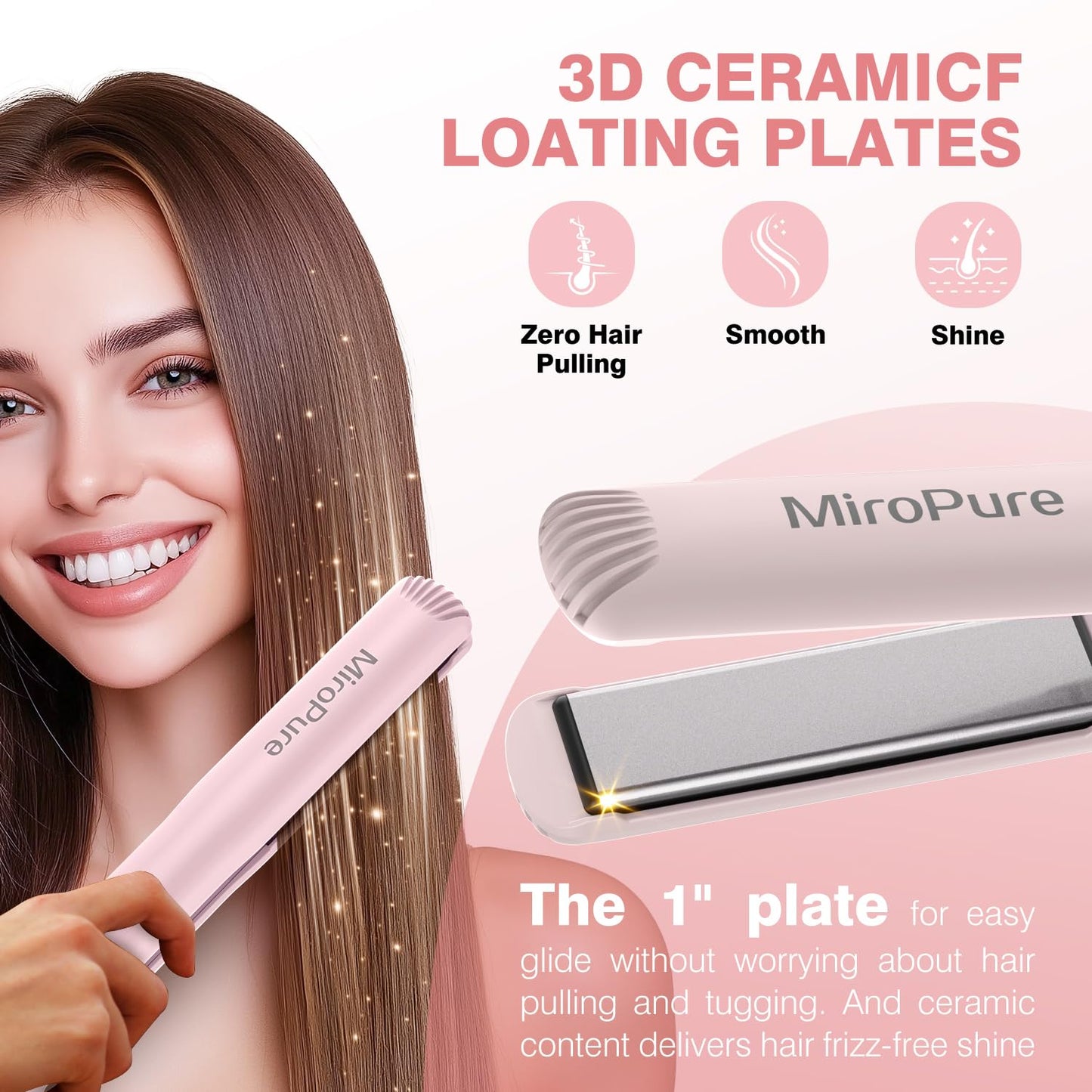MiroPure 1 Inch Flat Iron, Hair Straightener with 30S Fast Heating & 60min Auto Shut-Off, Hair Straightener and Curler 2 in 1 with 3D Ceramic Floating Plates, Pink