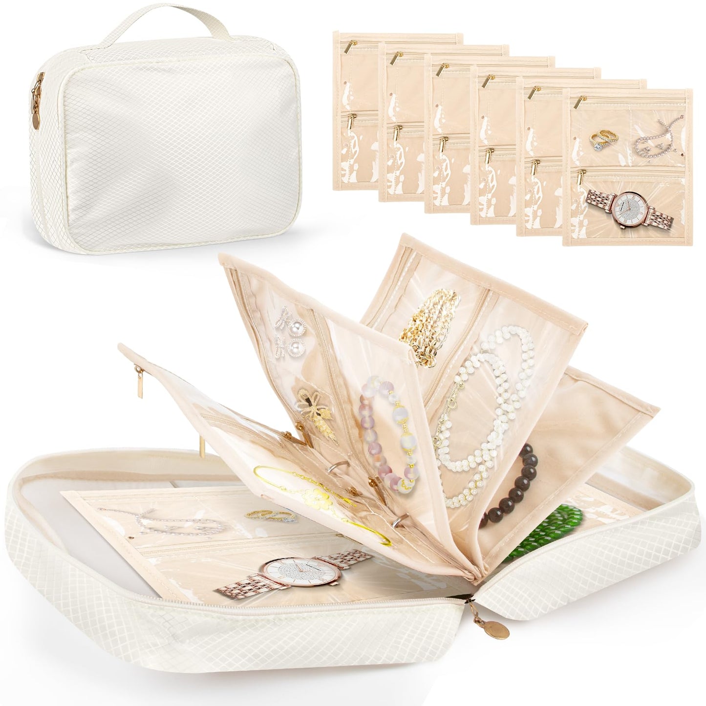 Dayacoco Travel Jewelry Organizer, Jewelry Storage Case Box with 6 Transparent Portable Clear Zipper Velvet Pouches for Earrings, Necklaces, Rings, Bracelets, Traveling, Gifts for Women (Beige)