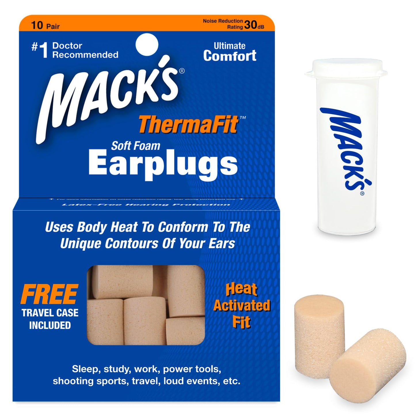 Mack’s ThermaFit Soft Foam Earplugs, 10 Pair Plus Keychain Case - Comfortable Ear Plugs for Sleeping, Snoring, Work, Travel & Loud Events | Made in USA | Newly Upgraded and Improved