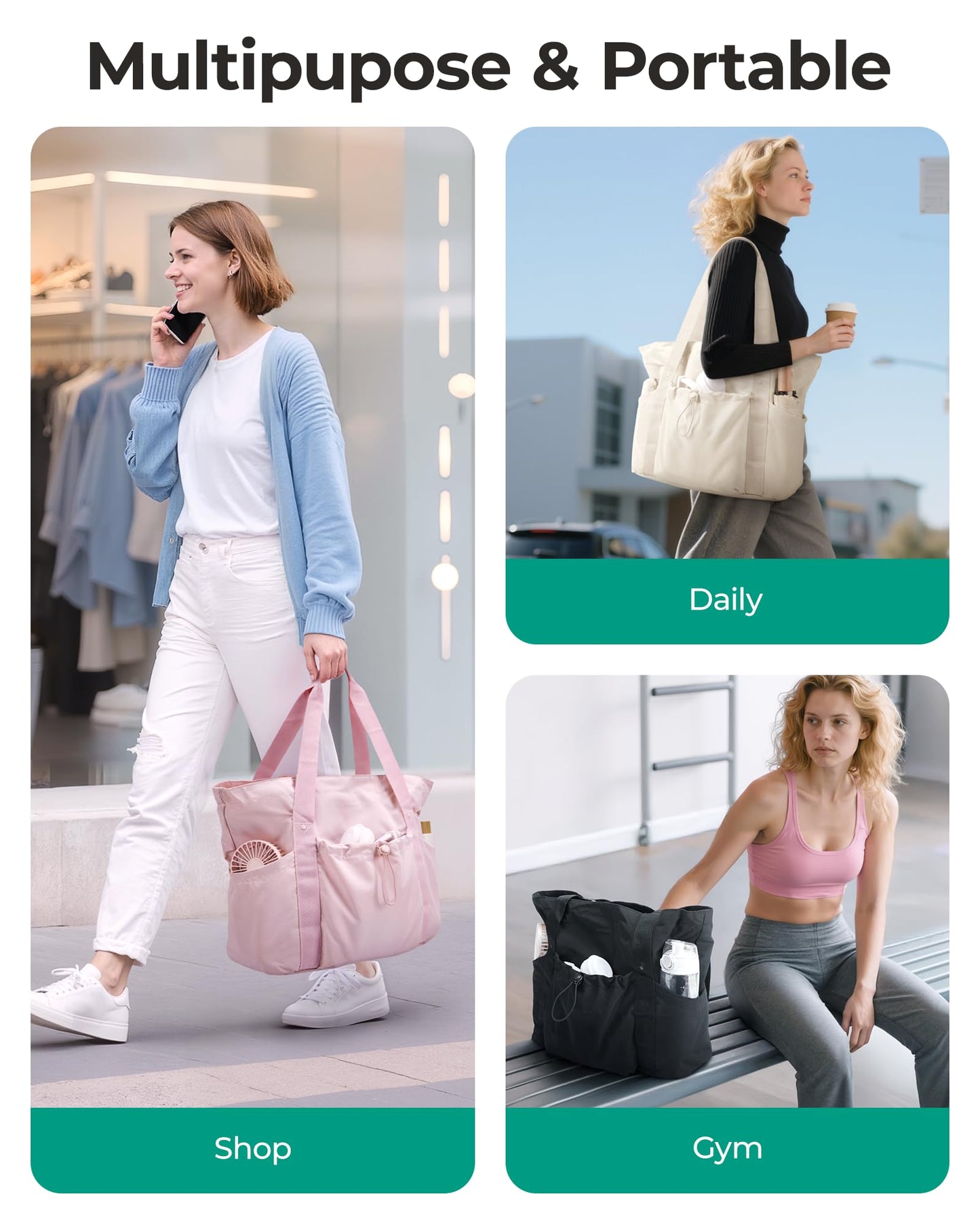 BAGSMART Foldable Tote Bag with Drawstring Bag, Large Tote Bag Shoulder Bag Top Handle Handbag for Travel, Work, Beach, Gym