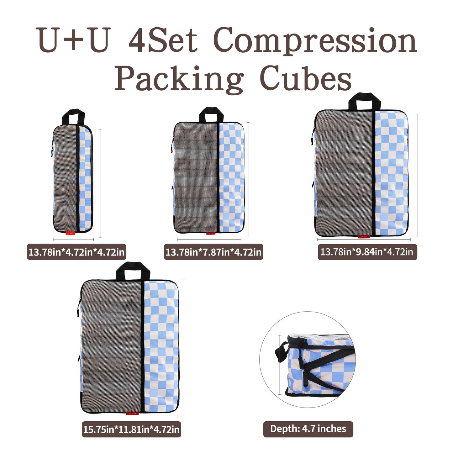 U+U 4 Set Compression Packing Cubes - Ultralight Travel Organizers, Space-Saving Suitcase Organizer, Expandable Packing Cubes for Travel, Business Trip and Family Vacation (Blue Checkered)