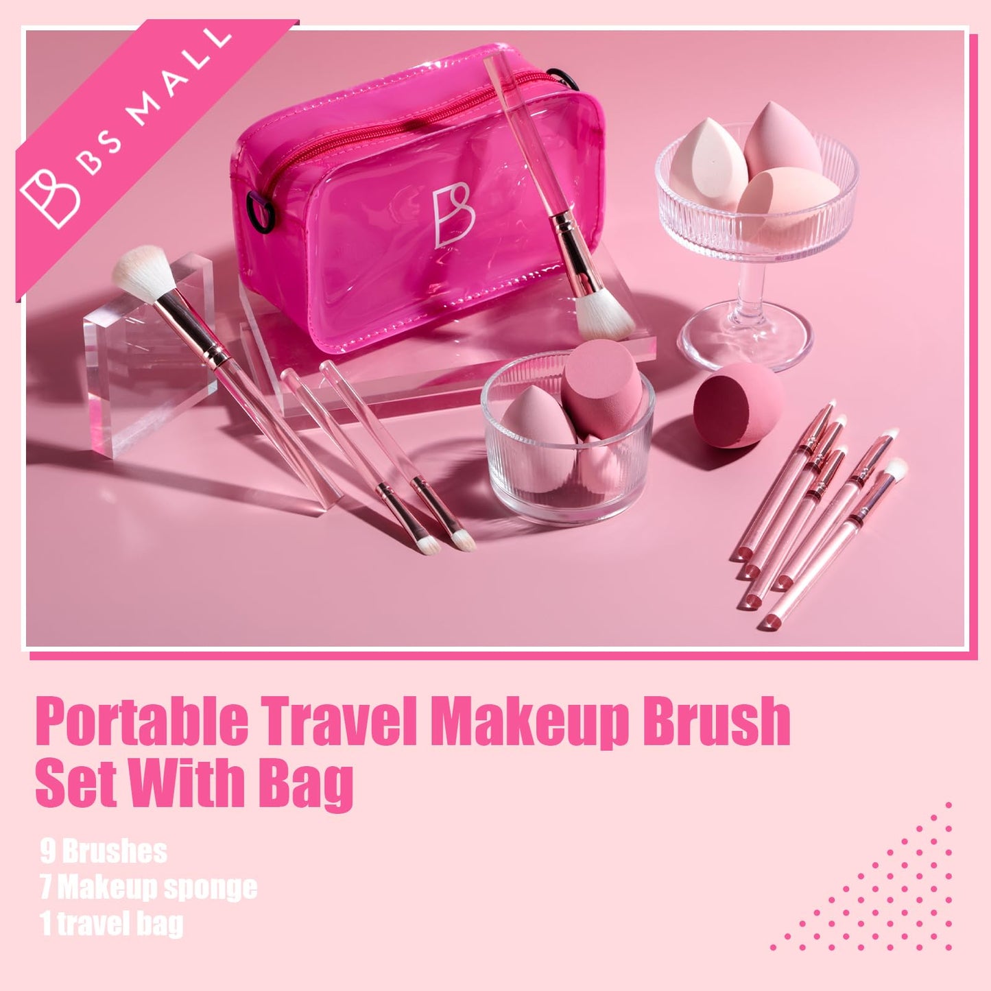 BS-MALL 9 Pcs Travel Makeup Brush Set With 7 Pcs Beauty Blender Sponges, Foundation Brush, Mini Makeup Sponge & Case, Luxury For Flawless On-the-go Beauty, Face, Eyes & Precision Blending