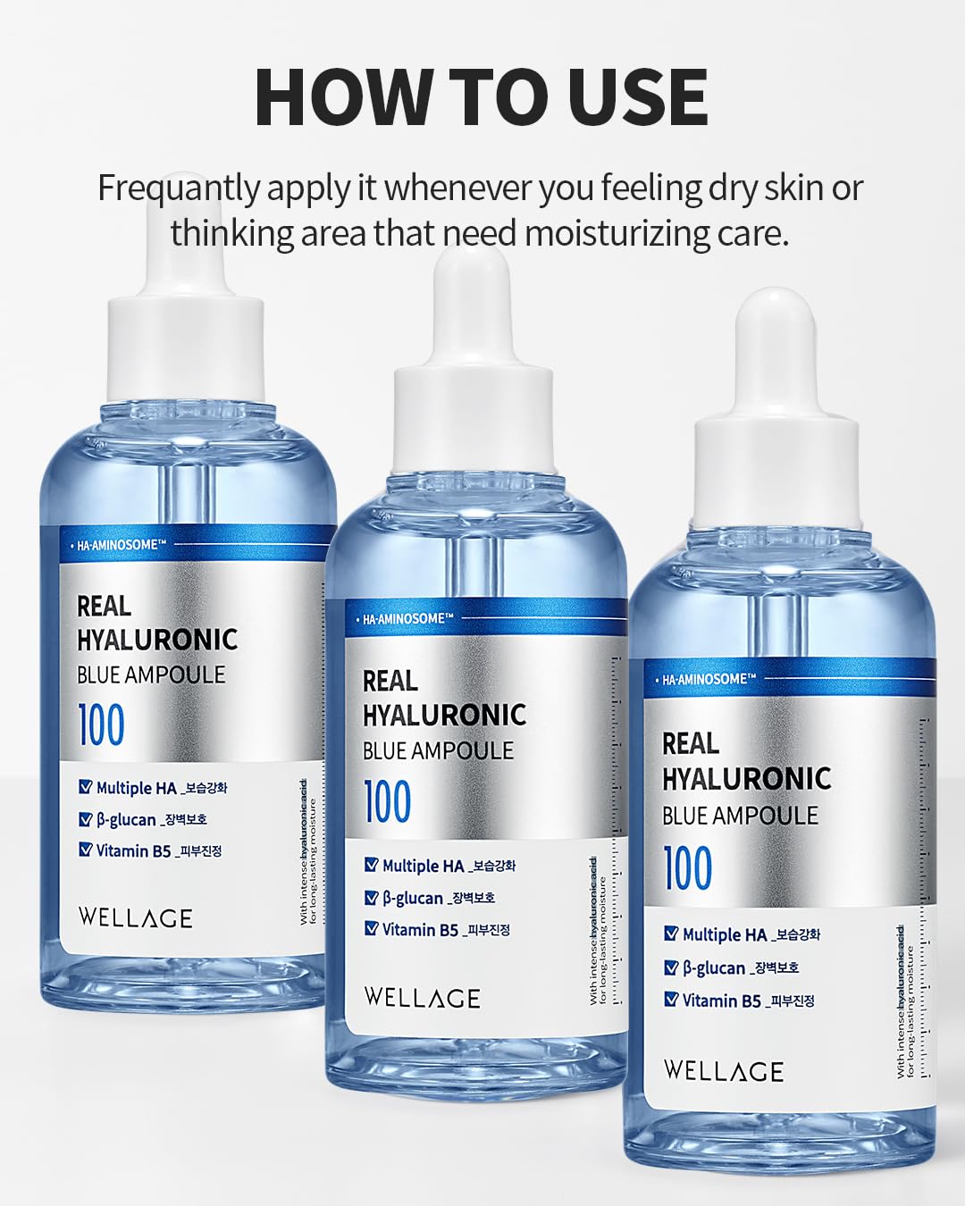 WELLAGE Real Hyaluronic Blue Ampoule 100, Korean Serum, Fragrance Free Hyaluronic Acid Ampoule with Panthenol, Wild yam, Centella for Sensitive Dry Skin Moisturizer 2.54 fl.oz