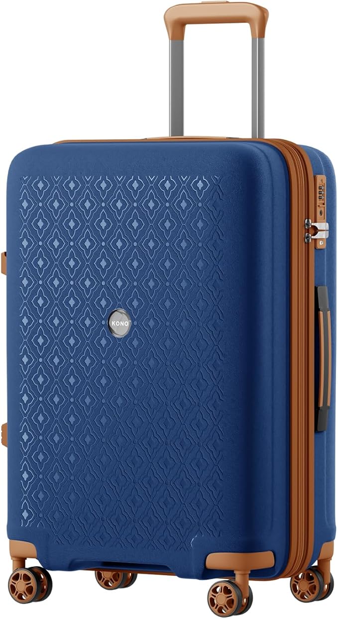 Kono Expandable 24 Inch Hard Shell Travel Luggage, Large capacity for easy travel, Hidden Cup Holder & TSA Lock Lightweight Suitcase - Navy/Brown