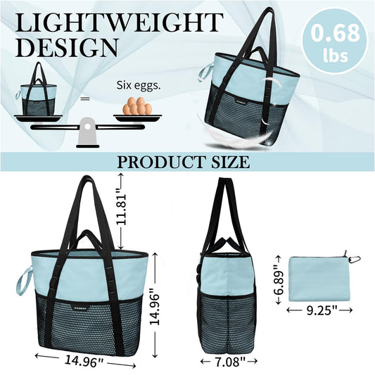 PASMAN Beach Bag with Zipper - 8 Pockets Sandproof Beach Tote Bag for Women,Foldable Lightweight Family Swim Bag Vacation (Light Blue)