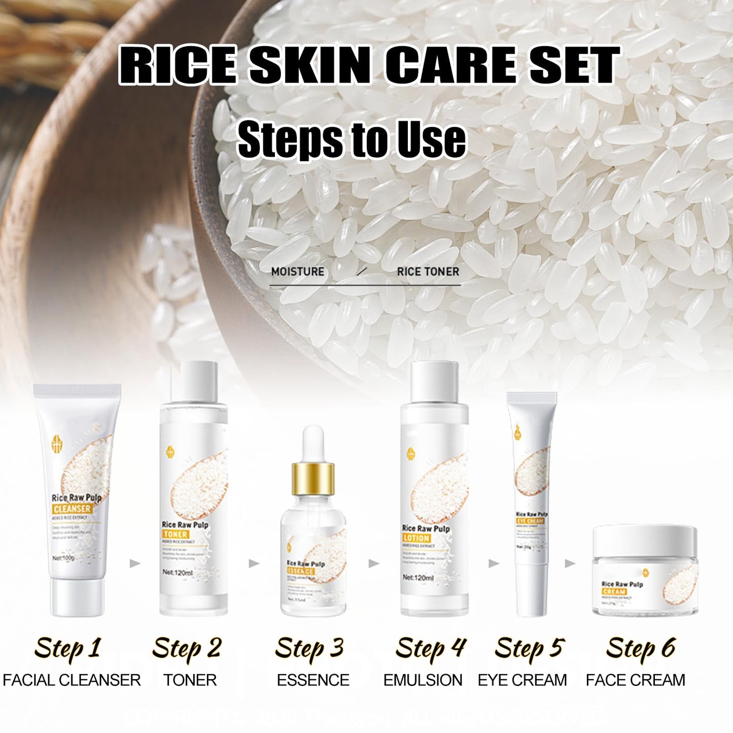 Skincare Set, Rice Raw Pulp Korean Skin Care Sets & Kits for Women Teenage Girls Gifts with Cleanser Toner Eye Cream Essence Emulsion Face Cream Gift Set for Hydrating Skin (6pcs)