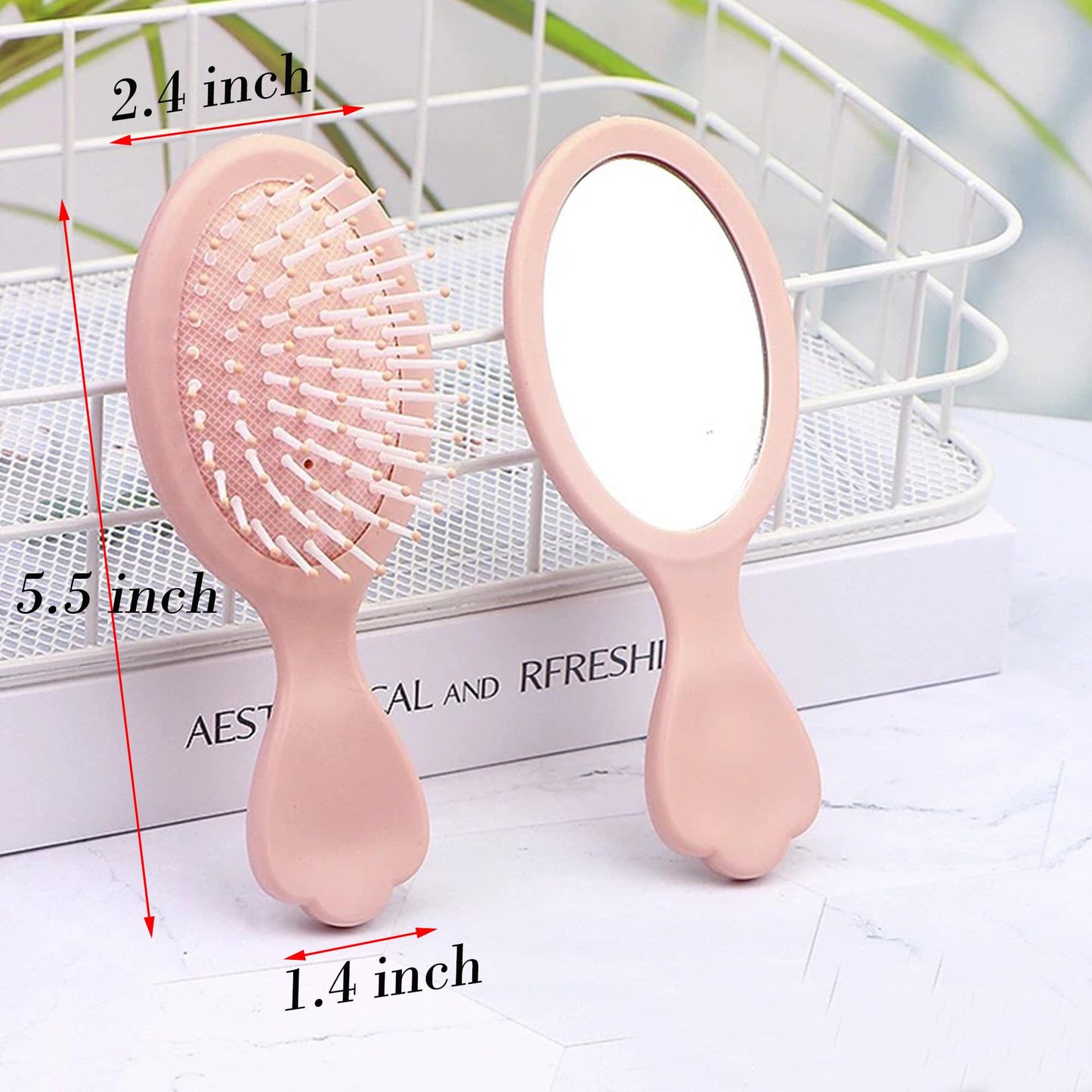 4 Pieces Mini Hair Brush Hair Comb Set For Women Girls Kids Toddler Small Travel Hair Combs Brushes Handheld Mirror Set Detangling Comb Massage HairBrush with Air Cushion (Pink)