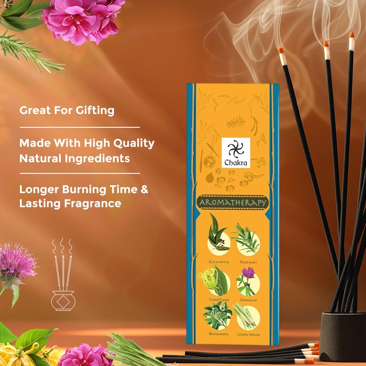 Chakra Aromatherapy Incense Gift Pack – 120 Natural Sticks (6 Boxes) – Relaxing, Stress Relief, Meditation, Refreshing, Sensuality & Energising Scents – Eucalyptus, Geranium & More