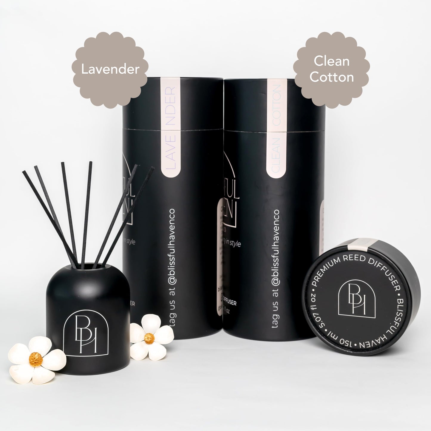 Reusable Reed Diffuser, Lavender - Matte Black Flower Scent Diffuser Set - Essential Oil and 6 Oil Diffuser Sticks - Reed Diffusers for Home, Bedroom Decor, Diffuser for Office - 150ml