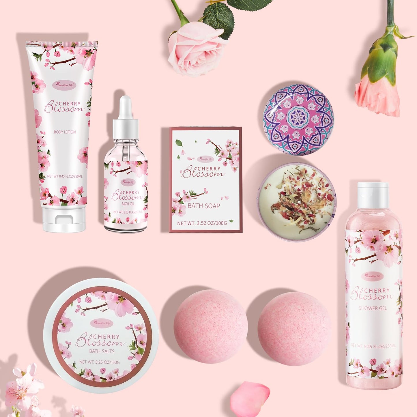 Bath and Body Gift Set for Women - Luxurious Home Spa Gift Set, Japanese Cherry Blossom Scented 7-Piece Set Including Shower Gel, Body Lotion, Bath Oil, Bath Salt, Soap, Bath Bombs, and Candle