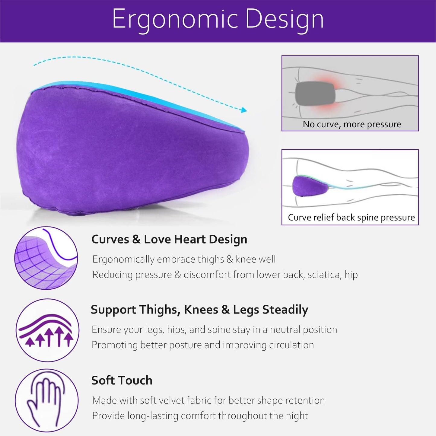 Knee Pillow for Side Sleepers, Leg Pillow for Side Sleeping Velvet Soft Fabric, Inflatable Travel Pillow for Thigh Sleep Support, Side Sleeper Pillow Between Legs for Hip Sciatica Back Pain Relief