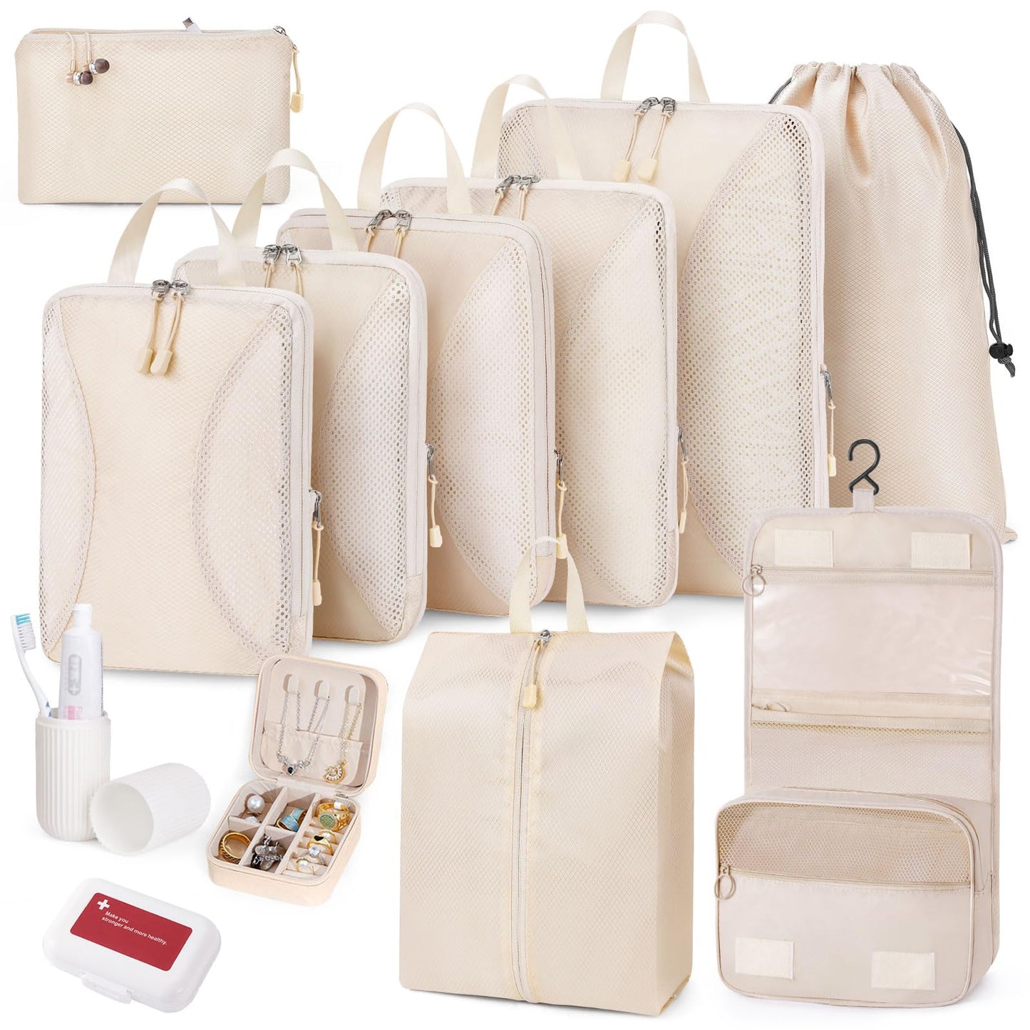 Compression Packing Cubes 12 Set, Suitcase Organizers, Extendable Packing Cubes, Luggage Organizer Bags, Travel Essentials, Beige