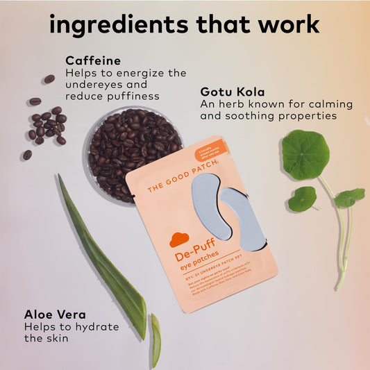 The Good Patch De-Puff Cooling Hydrogel Under Eye Patches for Puffy Eyes and Under Eye Bags, Made with Caffeine, Aloe Vera, Gotu Kola, Clinically Proven (6 Total Patch Sets)