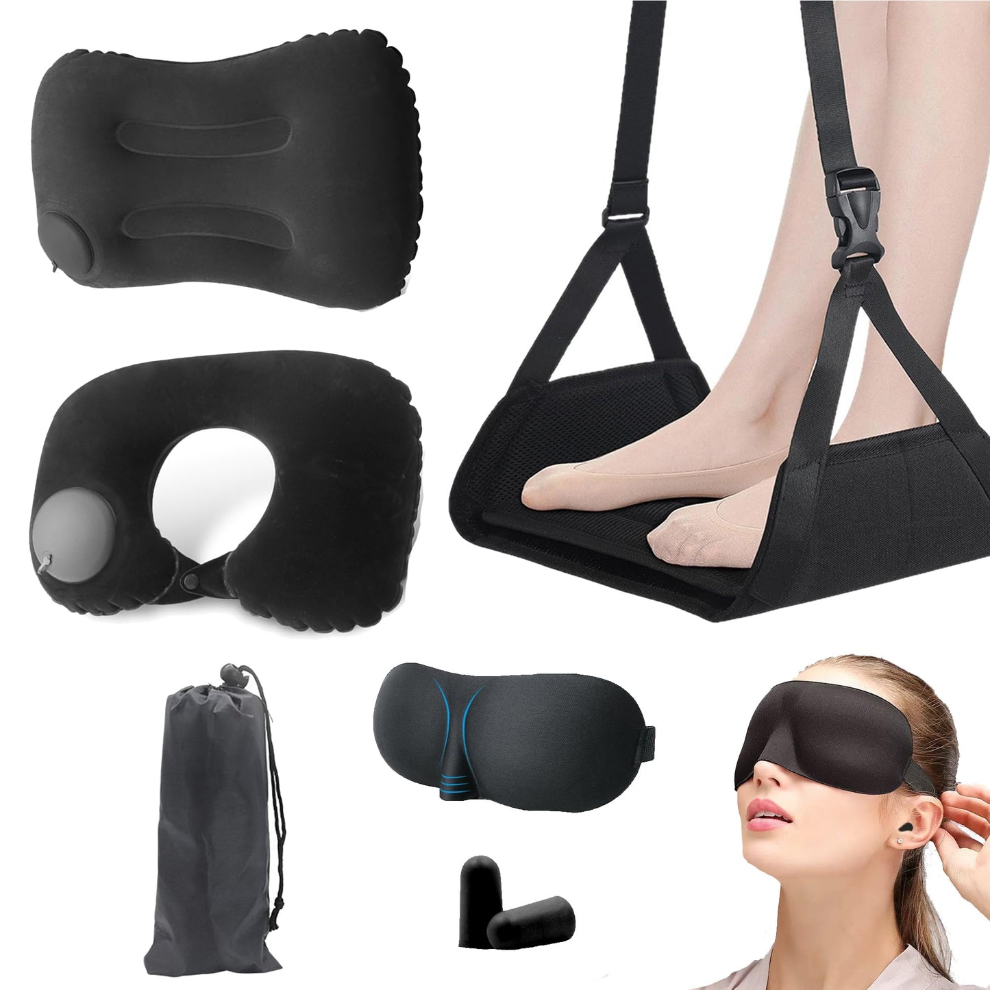 Portable Ultimate Comfort Set for Plane Sleep Kit at Plane,2 Inflatable Travel Pillows,Foot Rest Hammock,Eye Mask Ear Plugs for Airplane Flight Essentials for Seat Airplane Gadgets for Sleep Comfort