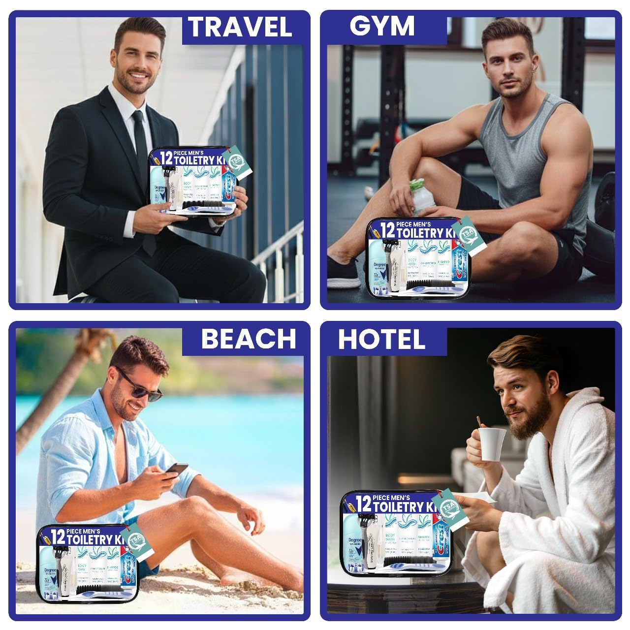 Trektote Travel Toiletry Kit For Men – 12 Piece Set Of Travel Size Toiletries, TSA Compliant, Travel Essentials, Includes Shampoo And Conditioner, Body Wash, Toiletry Bag & More