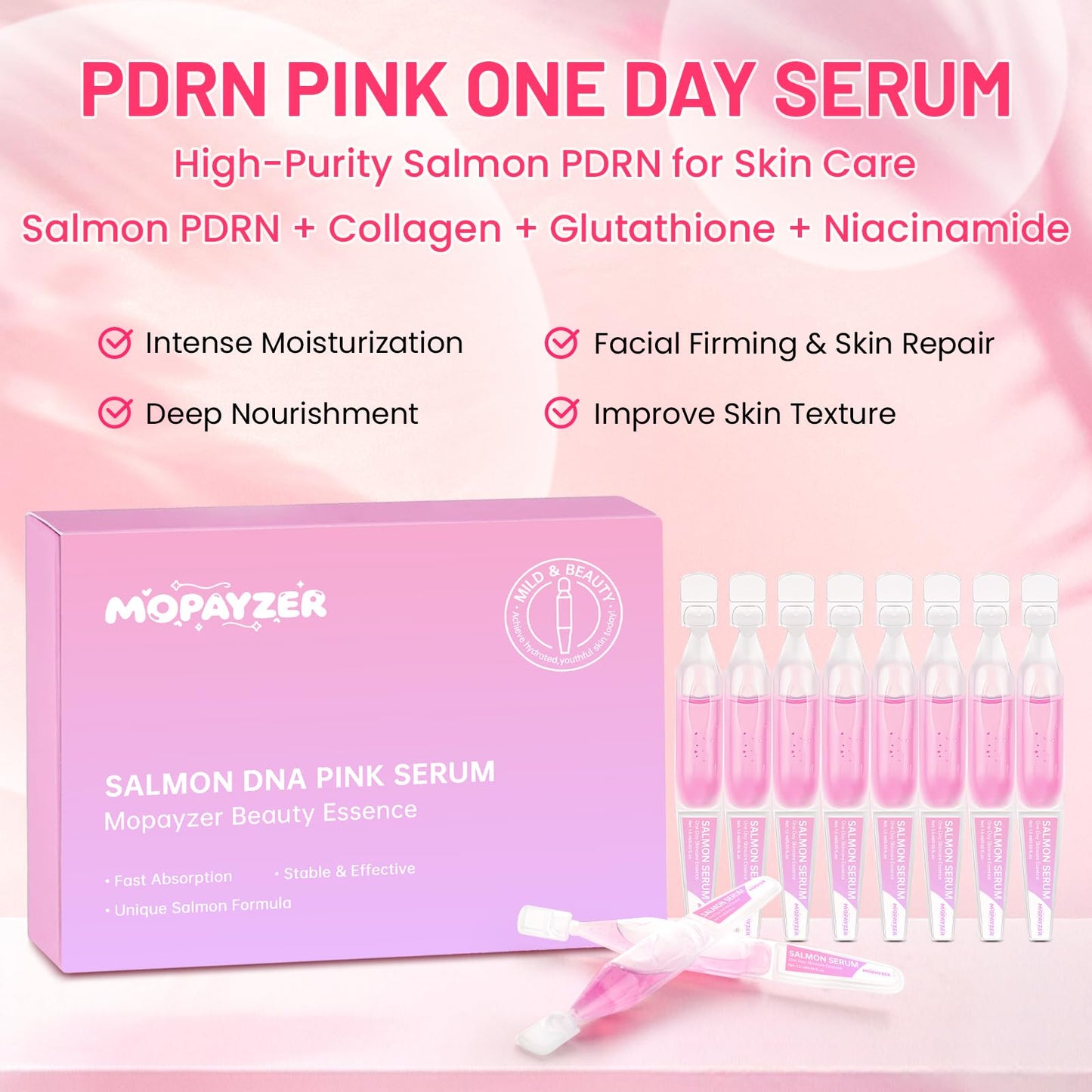 Pink Skincare Serum, High Purity Concentrated Essence, Intense Moisturization & Nourishment, Salmon DNA Skincare Serum for Firming Face & Repairing Skin, 0.05 fl.oz x 20 ampoules