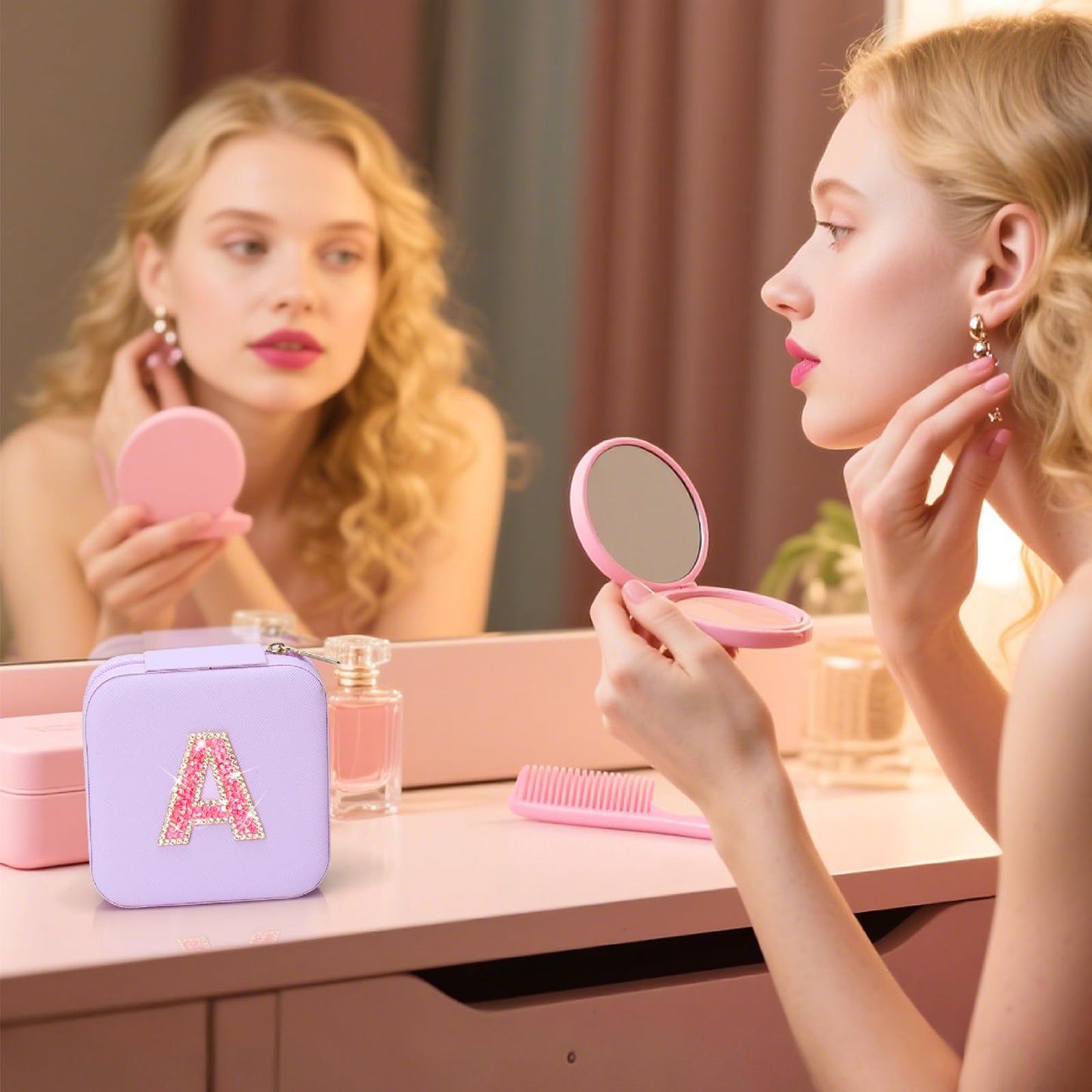 Nuozme Bling Sparkly Initial Jewelry Case,Personalized Gifts for Teen Girls,Kids,Women,Brides, Bridesmaids, Glitter Rhinestone Travel Jewelry Box,Easter Birthday Christmas Gifts, Small Size (Purple A)