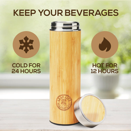 LeafLife Premium Bamboo Tea Bottle for Loose Tea - Tea Infuser Bottle - Tea Gifts - Insulated Water Bottle/Coffee Tumbler/Tea - Tea Gift Set, Tea Accessories - Tea Tumbler 17oz