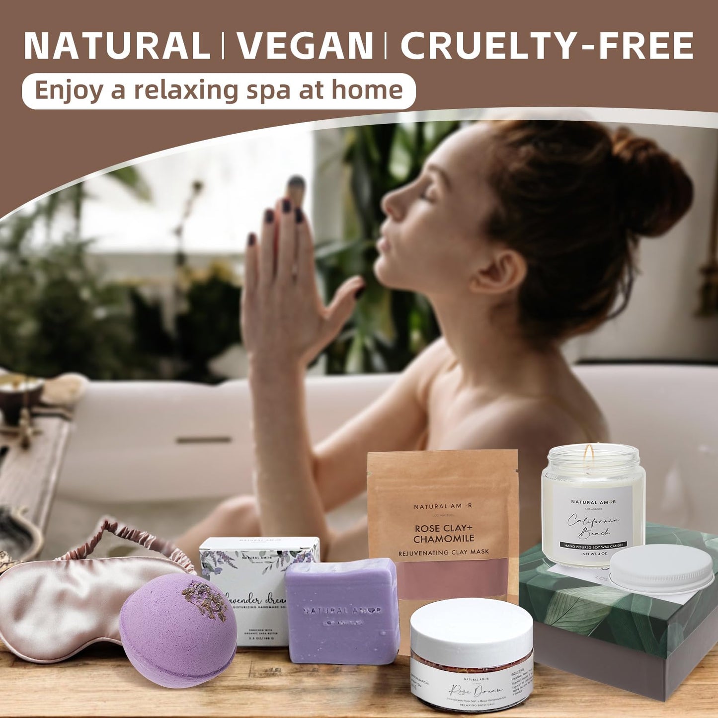 Natural Amor Spa Gift Set for Women – Handmade Lavender Soap, Rose Clay Mask, Candle, Rose Bath Salt & Sleep Mask – Relaxing Self Care Kit, Birthday Gift Box for Her