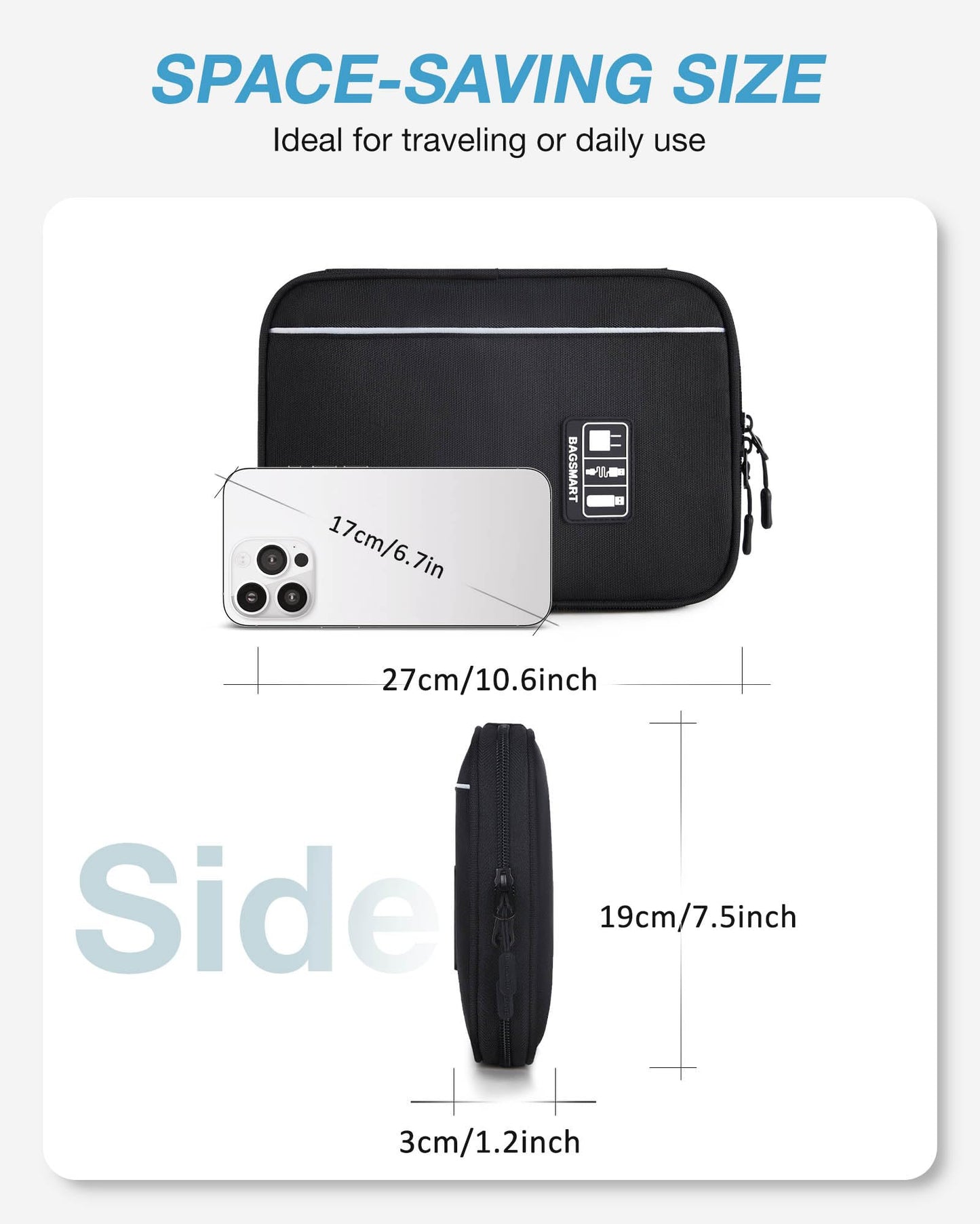 BAGSMART Large Electronics Travel Organizer Case, Tech Accessories Cord Storage Bag for Phone, Power Bank, SD Card, Cables, Black