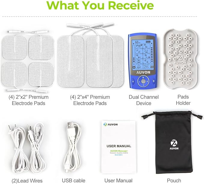AUVON Dual Channel TENS Unit Muscle Stimulator Machine with 20 Modes, 2" and 2"x4" TENS Unit Electrode Pads (Blue)