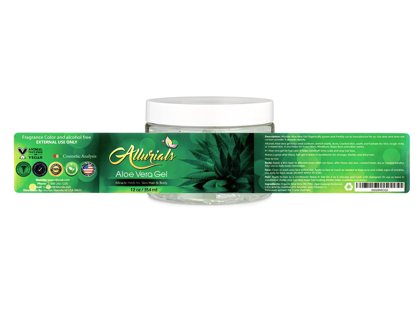 Allurials 99.75% Pure & Organic Aloe Vera Gel - Made in USA, Clinically tested & Dermatologist approved, Hydrates & Heals Dry & Damaged Skin & Hair- 12 Oz