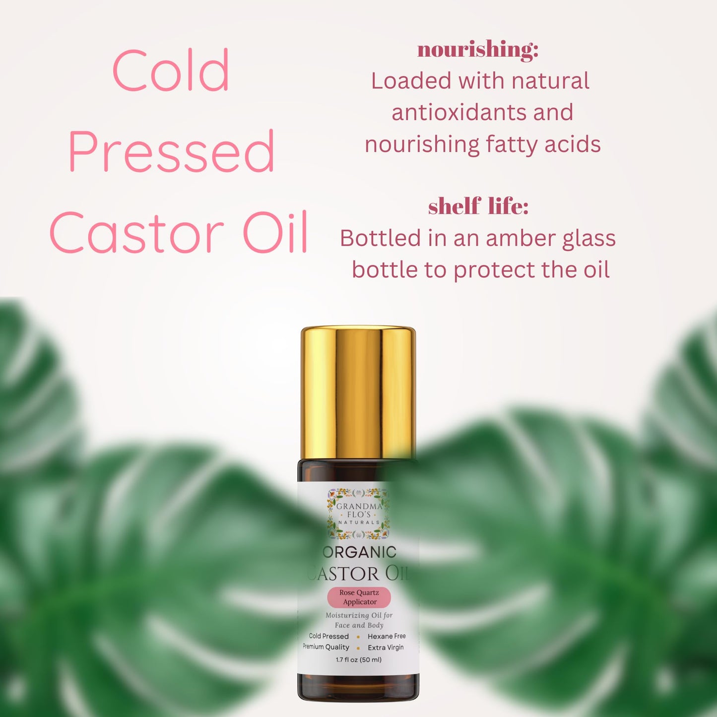 Grandma Flo's Naturals Organic Castor Oil with Rose Quartz Roll On For Face and Body - Glass Bottle, Cold Pressed, Hexane Free, Unrefined - Stimulate Hair Growth, Moisturize Skin (50ml)