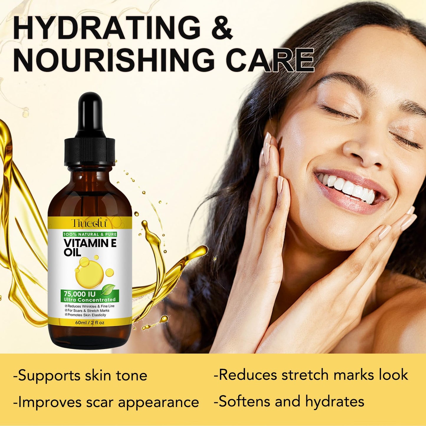 Tiuedu Natural Vitamin E Oil for Skin, 75,000 IU Ultra Concentrated Vitamin E Oil for Face, Hair and Scars, Moisturizing Dry Skin Oils, Promotes Skin Elasticity, 2Fl Oz
