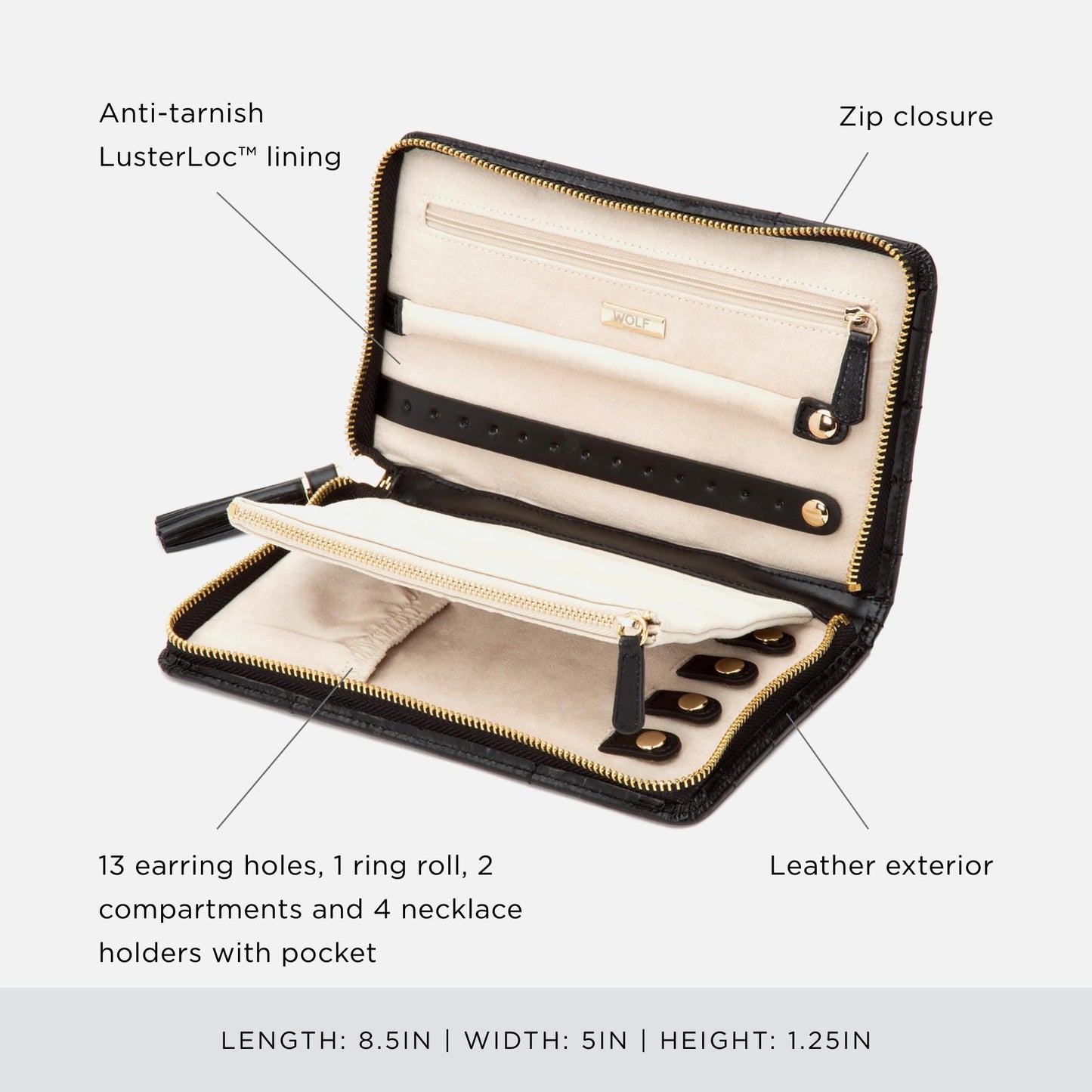 WOLF Caroline Jewelry Portfolio, Black - 13 Earring Holes, One Ring Roll, Two Compartments, Four Necklace Holders & Pocket - Anti-Tarnish LusterLoc Lining