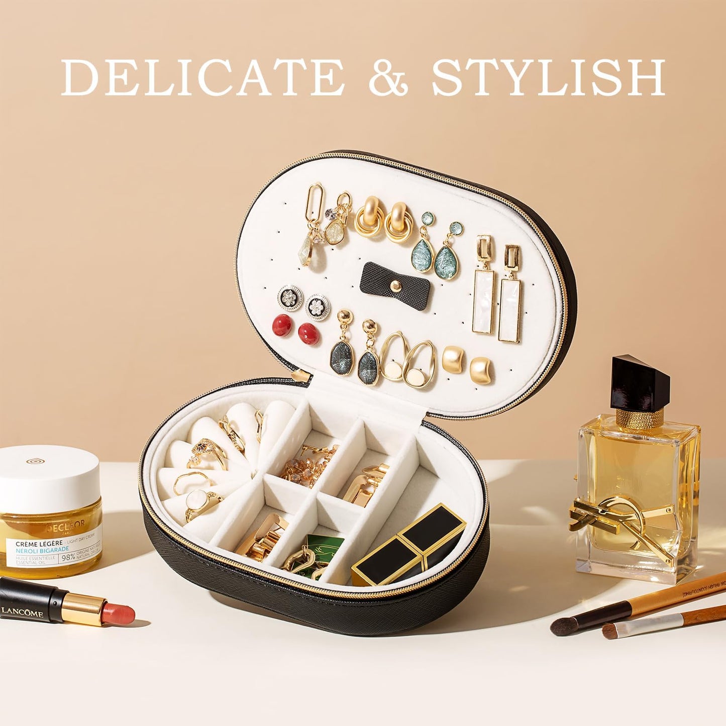 ProCase Travel Jewelry Organizer Box, Small Jewelry Organizer for Earrings Bracelet Necklace Ring, Compact Jewelry Storage Case for Women Girls -Black