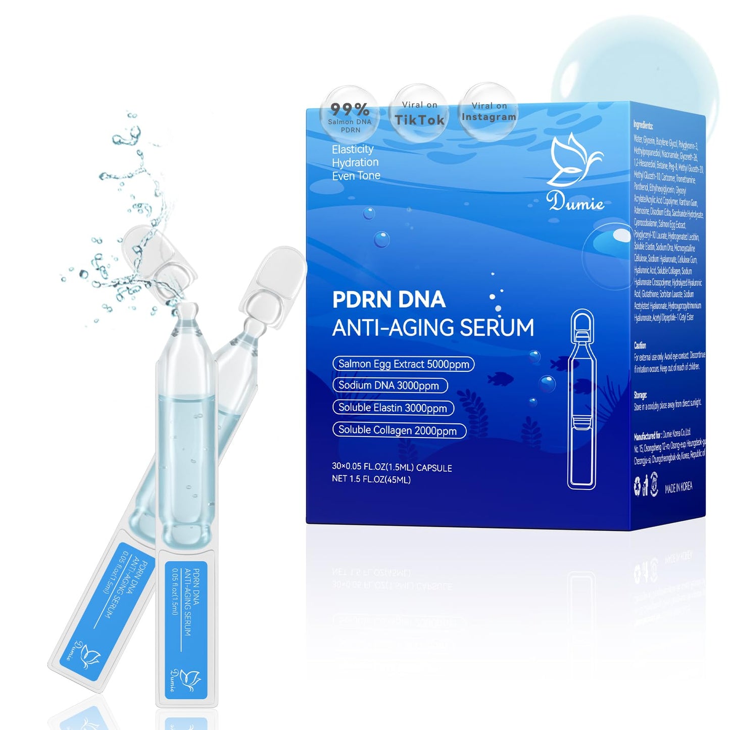 Salmon DNA PDRN Anti-Aging Serum, 5000ppm Salmon Egg DNA Ampoule, 2000ppm Collagen, Glutathione, Niacinamide & 6 Hyaluronic Acids, Korean Skincare for Wrinkles & Radiance,0.05 fl.oz x 30e