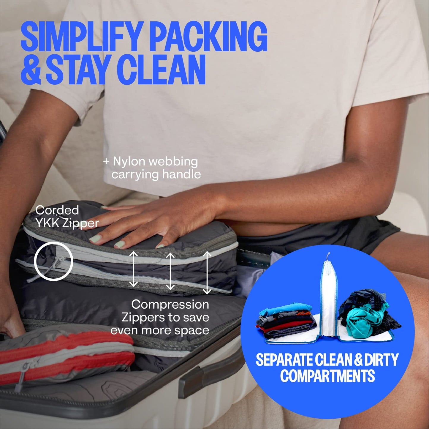 Compression Packing Cubes - 2 Pack Clean Dirty Separate Zipper - Luggage & Suitcase Organizer Travel Cube, Large Small Laundry Compartment Organizers for Clothes, Shoes Makeup