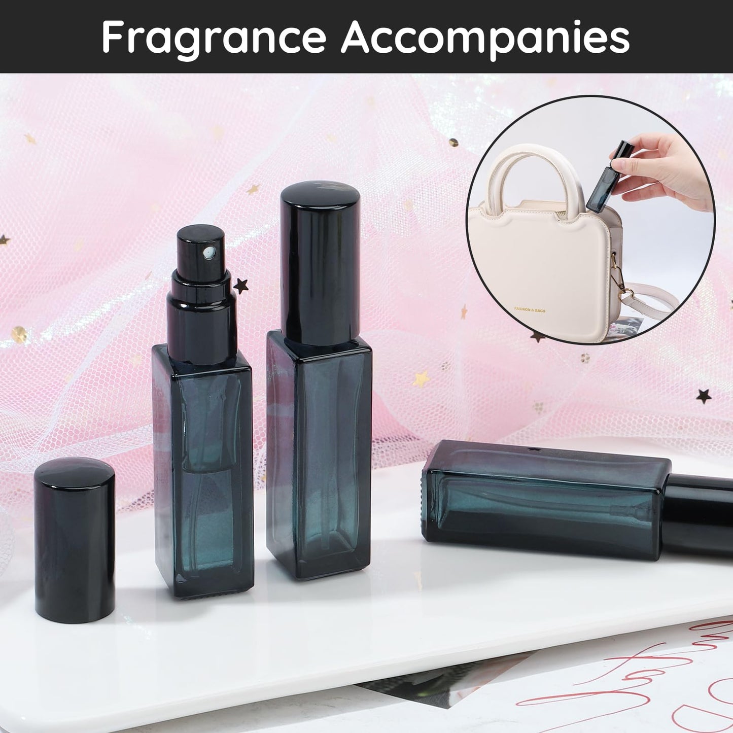 Segbeauty Glass Perfume Bottles, 5 Pack 10ML Refillable Mini Perfume Bottle Travel, Portable Leak-proof Square Spray Pump Bottle Atomizer Dispensing Containers with Lids for Fragrance Essential Oil